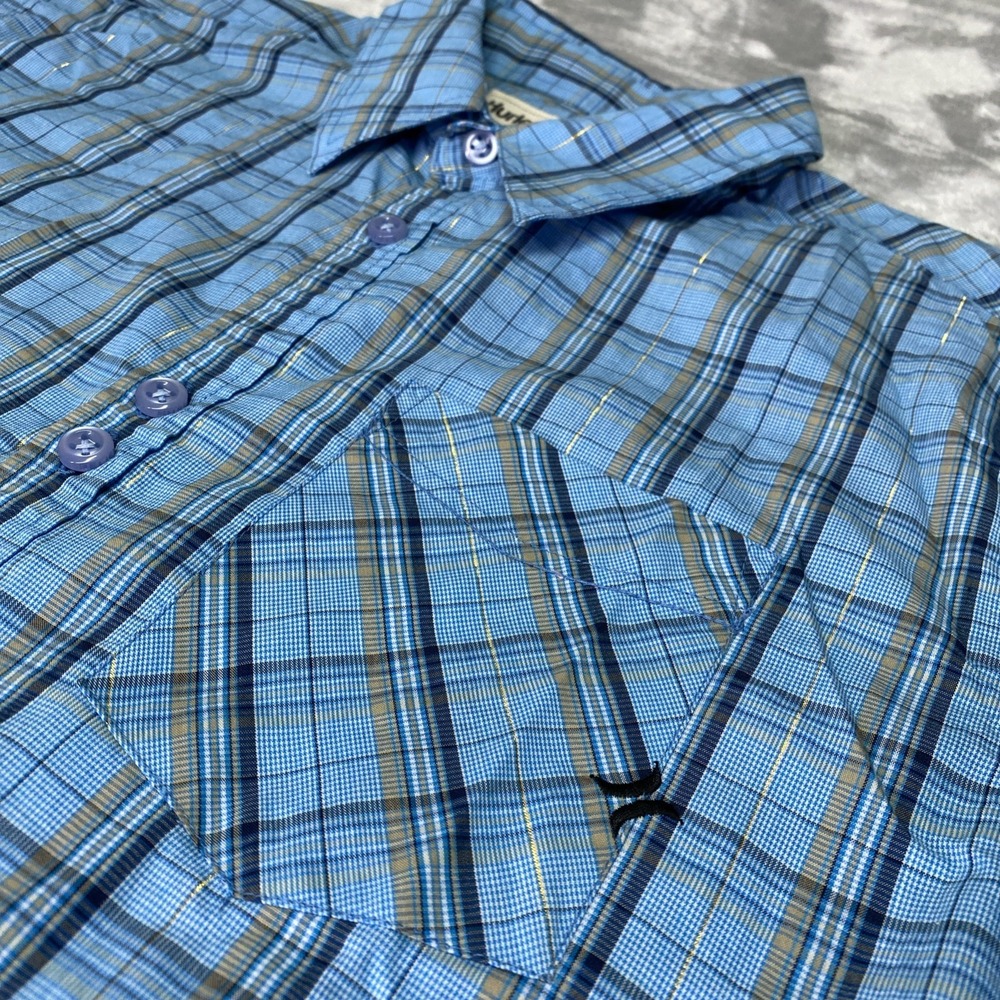 Hurley Button Up Shirt Mens Medium Blue Plaid Metallic Long Sleeve MVL611TR - Picture 3 of 13